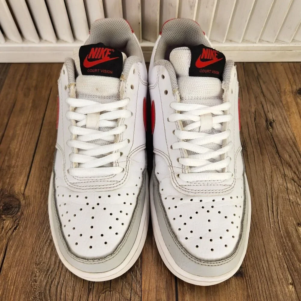Nike Court Vision Lo Womens 6.5 White Gray Red Leather Sneakers Shoes FD0284-100